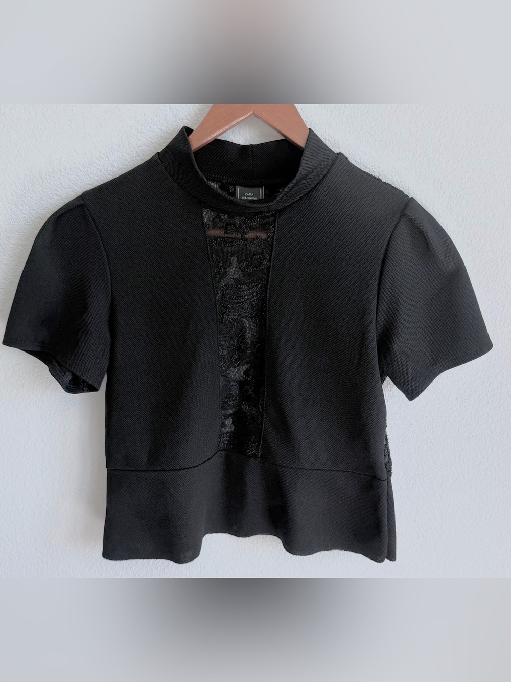 Zara Black Short Sleeve Lace Panel Blouse